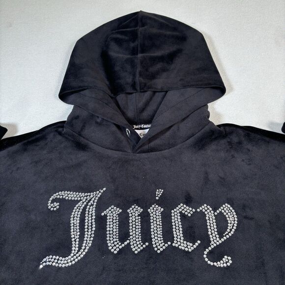 Juicy Couture OG Big Bling Velour Cropped Hoodie Womens Size M Black Silver - Picture 3 of 6